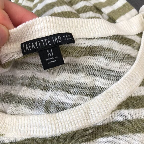 LAFAYETTE 148 NEW YORK Green Cream Ivory Striped LINEN Blend Lightweight Sweater - Picture 3 of 5
